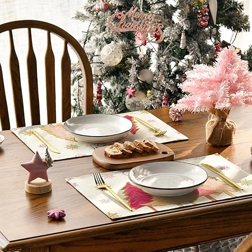 Miniatura 4 de Artoid Mode Juego de 4 manteles individuales de invierno con diseño de árbol de Navidad, diseño de copo de nieve rosa de 12 x 18 pulgadas para