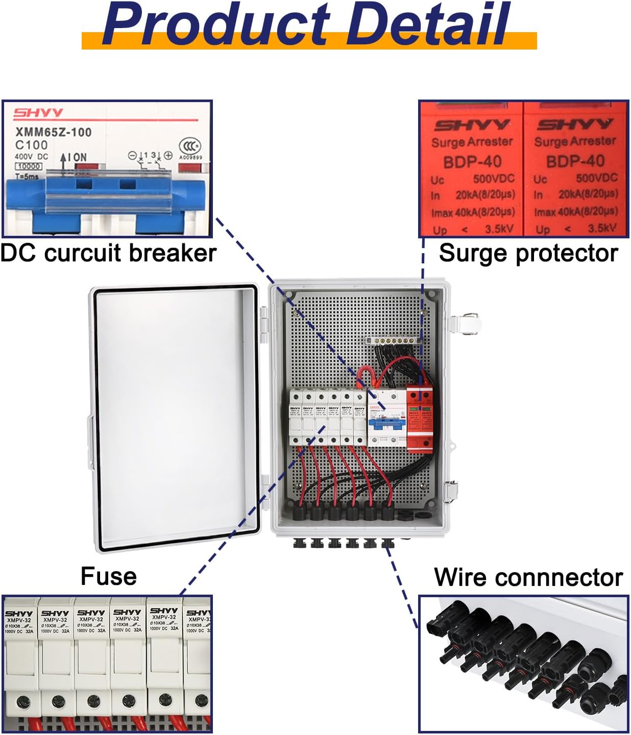 MECCANIXITY 6 String Metal Solar Combiner Box, PV Combiner Box With15A Rated Current Fuse, Surge Protective Device and 63A Circuit Breaker, White