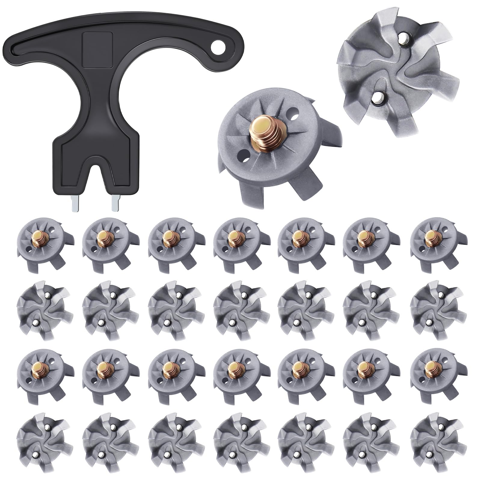 Photo 1 of 31Pcs Golf Spikes Set 30 Golf Shoe Spikes Replacements with 1 Black Cleats Spanner Metal Thread Screw 6 mm Dia Shoe Cleats Suitable for Use on Lawns or Golf Courses (Grey)