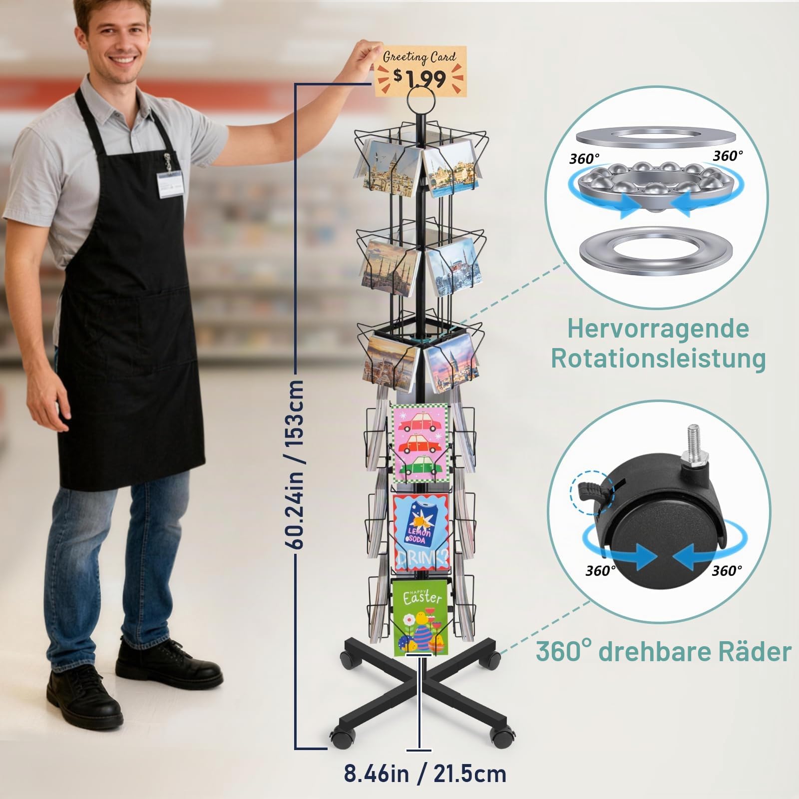 ANBOXIT Postkartenständer, Postkartenhalter Drehbarer Ständer für Grußkarten, für Postkarten, Aufkleber, Feiertags-Geschenkkarten im Einzelhandel Schwarz, 24 Fächer