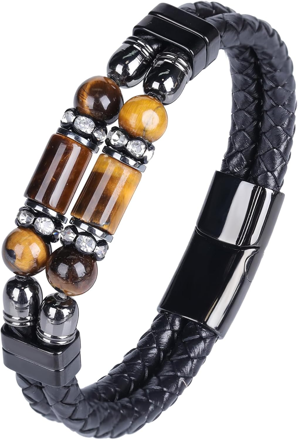 Mens Leather Turquoise/Tiger Eye/Obsidian/Lava Stone Bracelet–Braided Multi‑Layer Wristband Cuff Bangle Barcelet–Jewelry Box and Pouch Packing