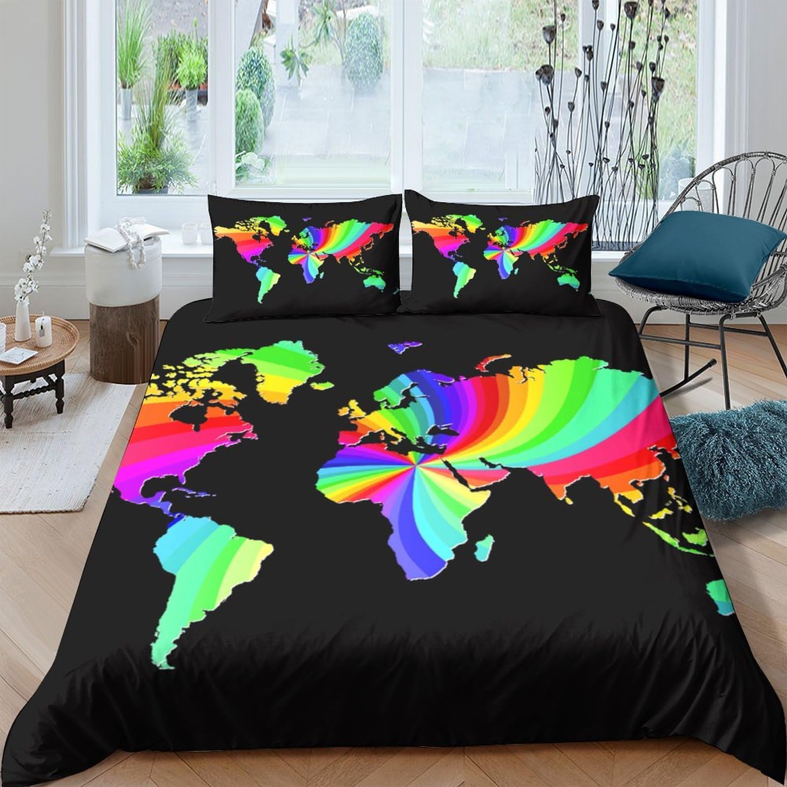 GPLZQXKJNH 3D Printed Rainbow World Map Duvet Cover Set Microfiber Soft Colorful Globe Quilt Cover with 2 Pillowcases for Bedroom Home Decor Single（135x200cm）