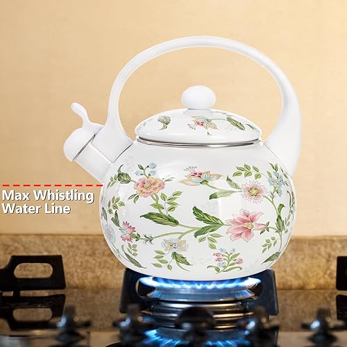Miniatura 5 de Jucoan Tetera esmaltada vintage de 2.3 cuartos de galón, tetera silbante para estufa, tetera esmaltada floral sobre acero para el hogar, cocina,