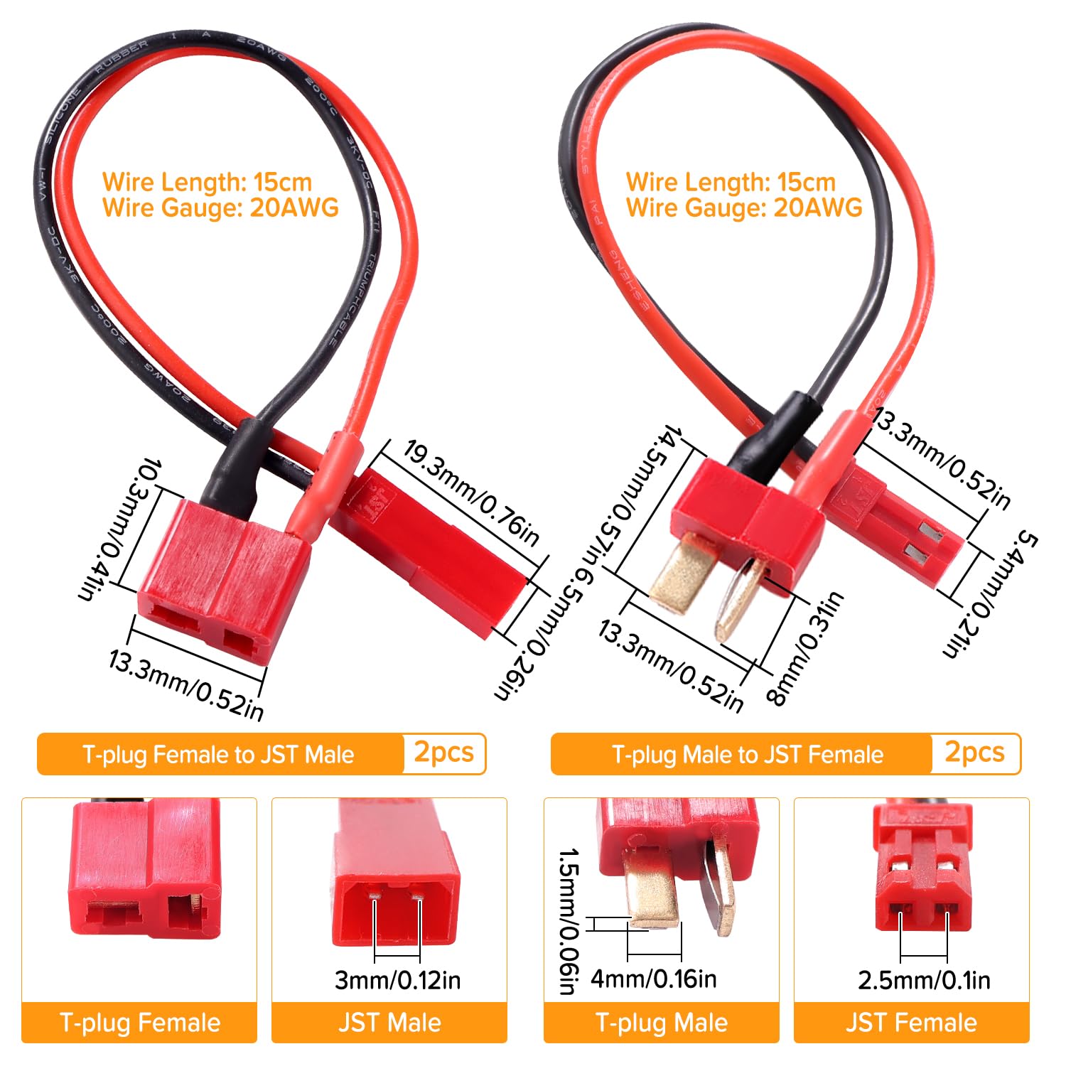 4 Sztuk JST do Adaptera Wtyczki T, JST Męski / Żeński do Złącza Wtykowego Deans-T Męski / Żeński, z 15cm 20AWG Silikonowym Kablem, do Akumulatora RC LiPo