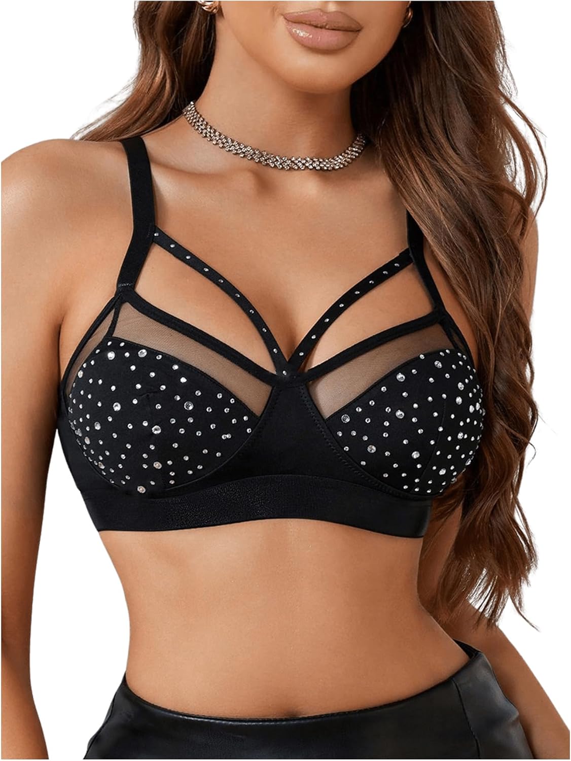 Women's Rhinestone Sheer Mesh Bras Cut Out Glitter Wireless Bralettes Every Day Bra