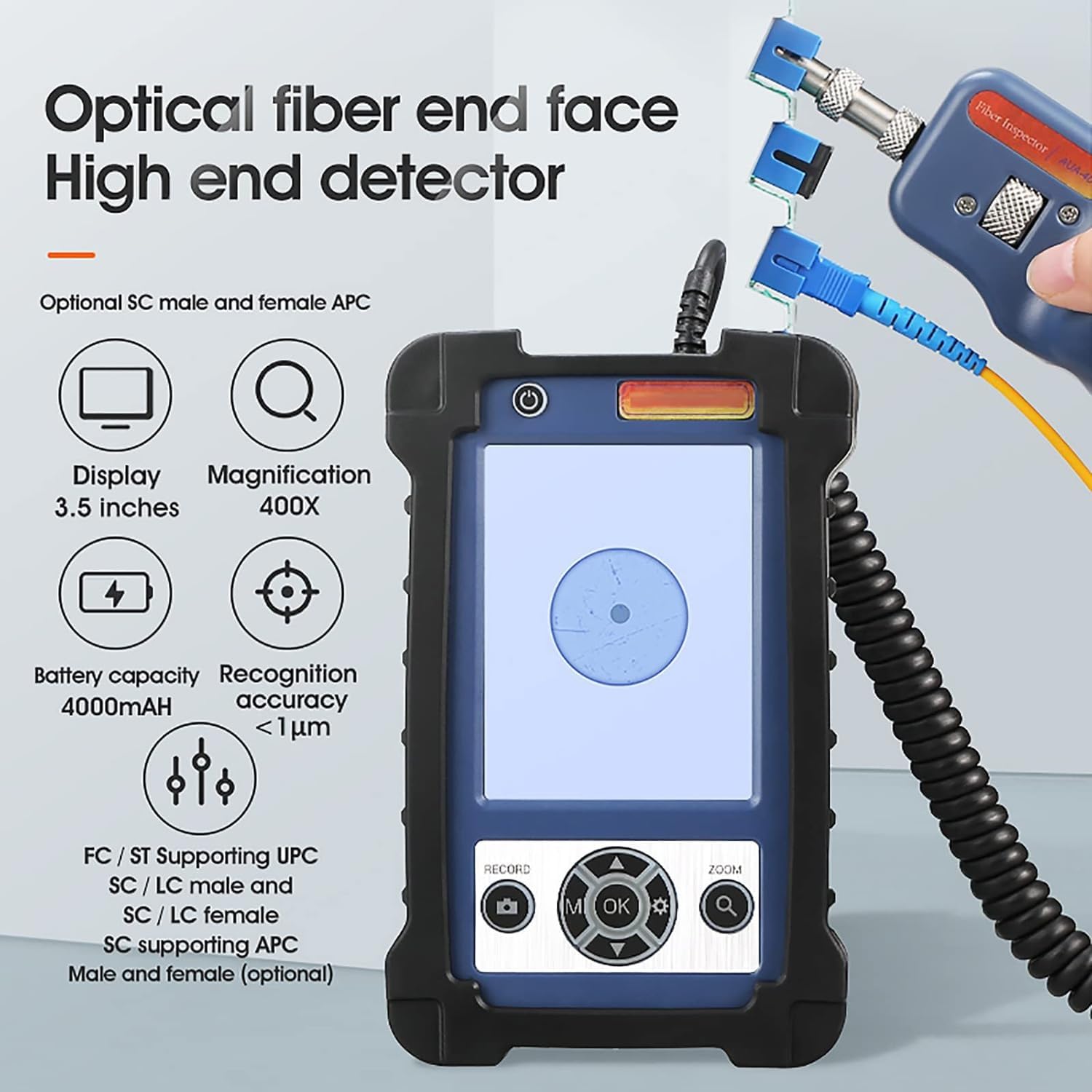 Kit de microscopio de inspección de fibra óptica con monitor de pantalla para análisis de conectores