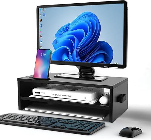 Jocsrocs Soporte para monitor de computadora, elevador de monitor de madera de 2 niveles para PC, laptop, TV, organizador de escritorio, soporte de
