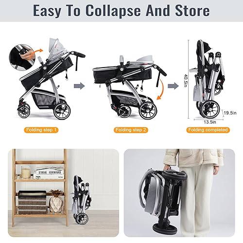 Miniatura 7 de Cochecito de bebé, asiento reversible 2 en 1 para niños pequeños con modo cesta, cochecito infantil plegable con toldo, freno de un botón, mango