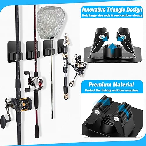 Miniatura 2 de Paquete de 4 soportes para cañas de pescar, autoadhesivos, montados en la pared, soportes para caña de pescarredes, organizador de almacenamiento