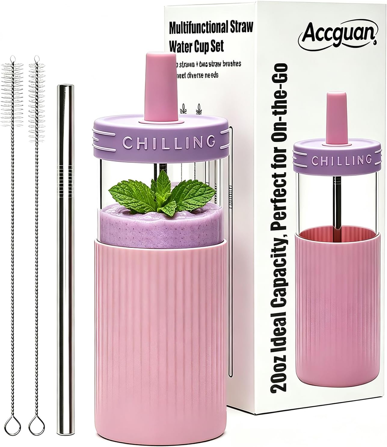 Accguan 1 Pack 20oz Glass Tumbler with Lid and Straw, Purple