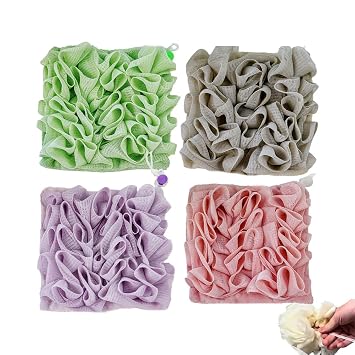 Wash Cloth Loofah Combo, Washcloth Loofah Combo, 2-in-1 Bath Loofah Sponge with Drawstring Shower Washcloth, Soft Loofah and Washcloth, Dual Function Loofah and Washcloth 4PCS