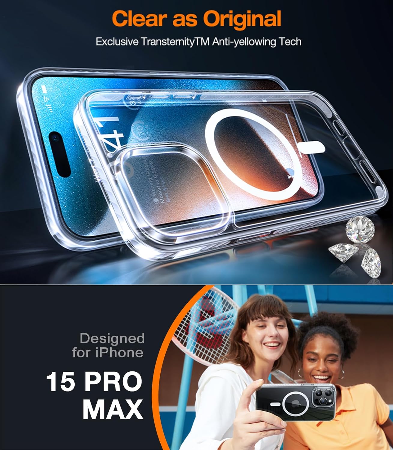 TORRAS Shockproof for iPhone 15 Pro Max Case Clear [Military-Grade Drop][Compatible with MagSafe][Yellowing Resistant] Hard PC Back, White Bumper Phone Case iPhone 15 Pro Max, Clear - Image 2