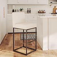 Vista 19 de HNY Taburete de bar moderno de altura de mostrador, taburete de bar tapizado de tela de lino con respaldos, taburetes de isla de cocina de 27 crema