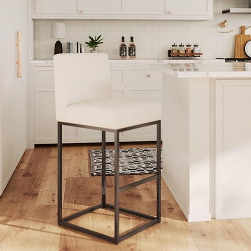 Miniatura 19 de HNY Taburete de bar moderno de altura de mostrador, taburete de bar tapizado de tela de lino con respaldos, taburetes de isla de cocina de 27 crema