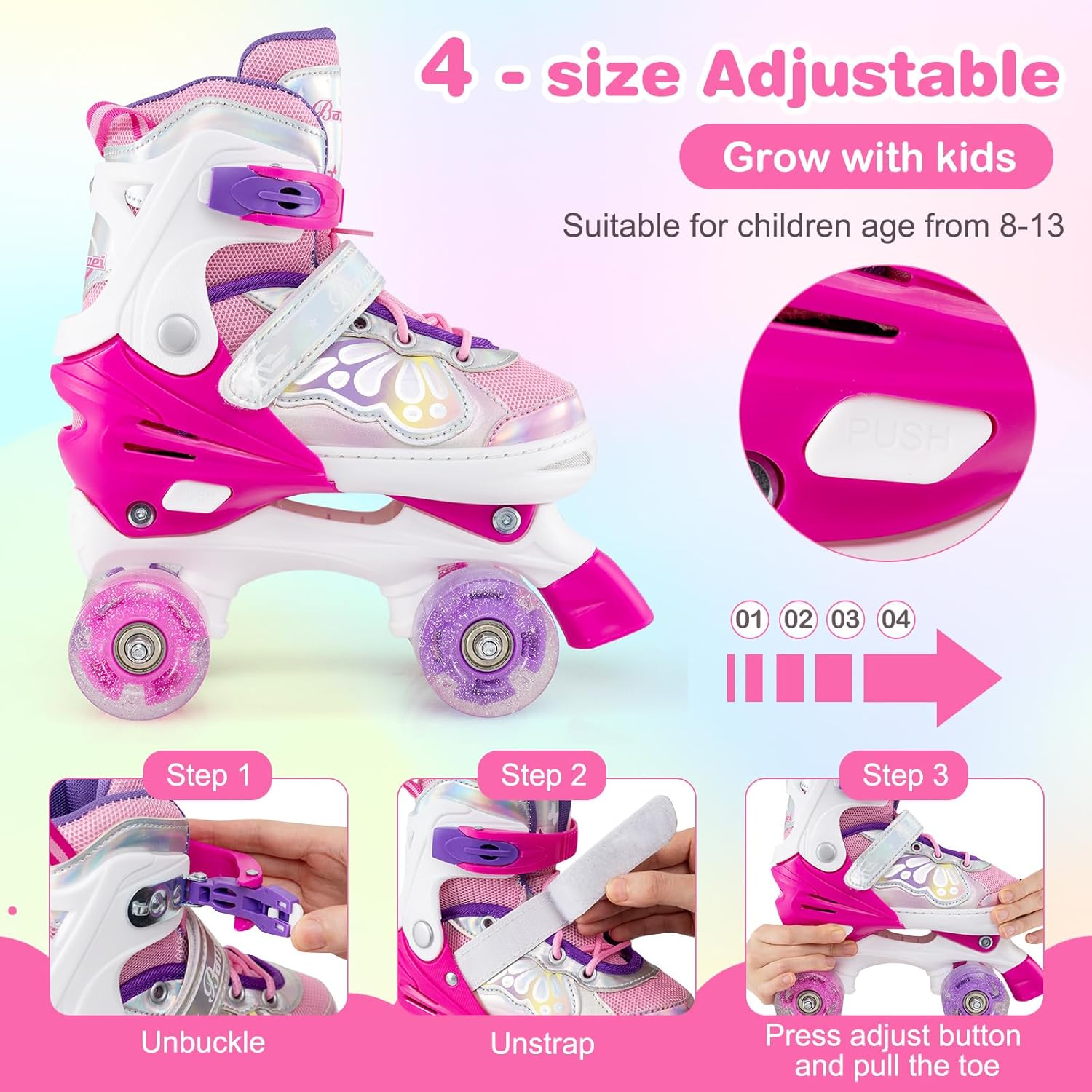 BABY JOY Roller Skates, 4 Sizes Adjustable Quad Skates for Girls Teens Adults 5-8 8-13 13+ with Light-up Wheels & Safety Protection, Fun Illuminating Birthday Gifts for Indoor Outdoor Sports