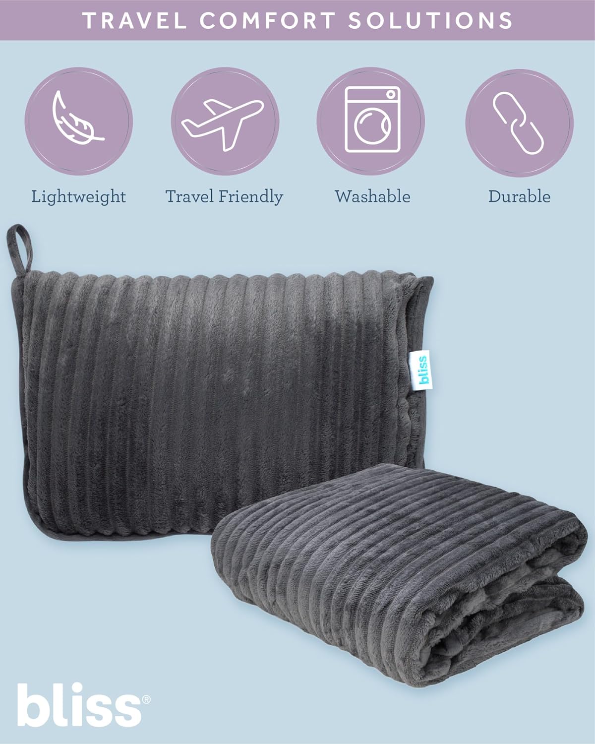 Bliss Faille Travel Pillow Blanket - 2-in-1 Lightweight Compact Airplane Camp Pillow and Blanket Set for Travelling, Size Large, Dark Grey