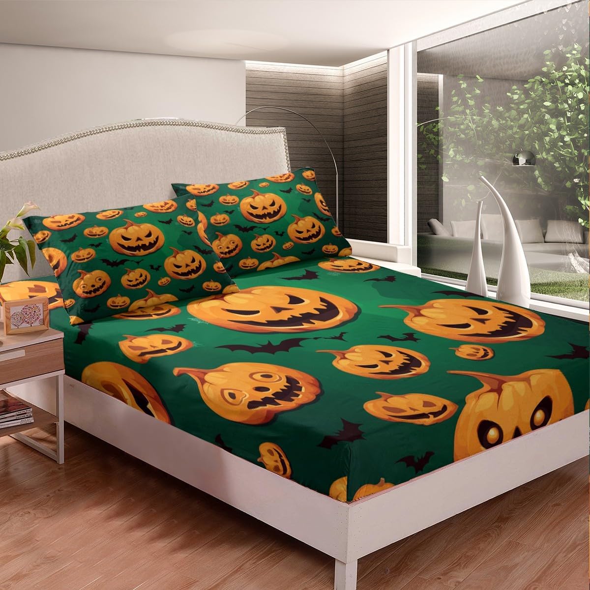 Erosebridal Halloween Sheets Cartoon Pumpkin Lantern Bed Sheets Halloween Pumpkin Decorations, Gothic Pumpkin Lights Fitted Sheet Full Size Spooky Bat Halloween Decorations Indoor, No Top Sheet
