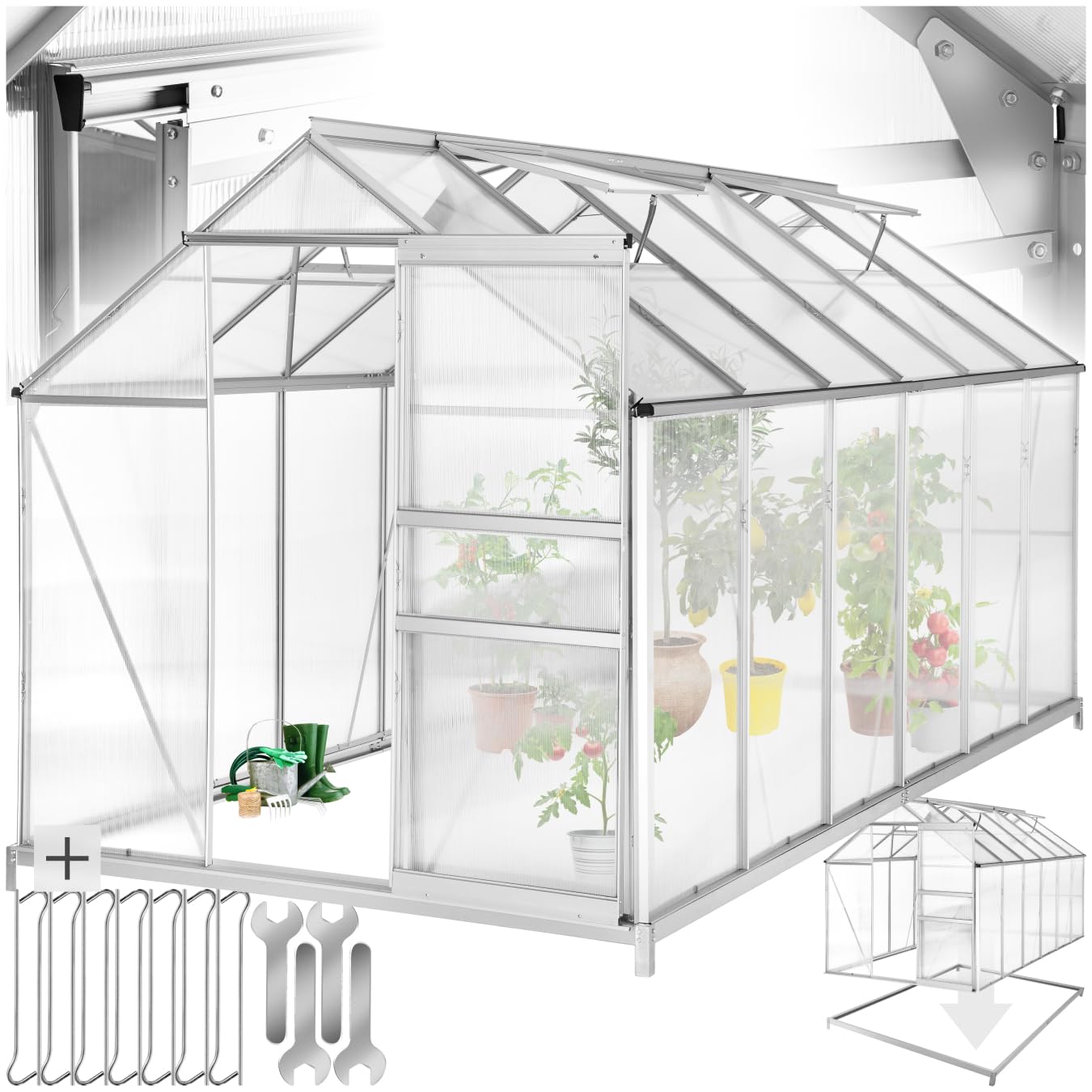 tectake Invernadero de Jardín de Aluminio y Policarbonato, Caseta Jardín Exterior 375x185x195, Vivero Huerto Casero 6,93m³, Invernadero Terraza para Cultivo de Plantas, con Base