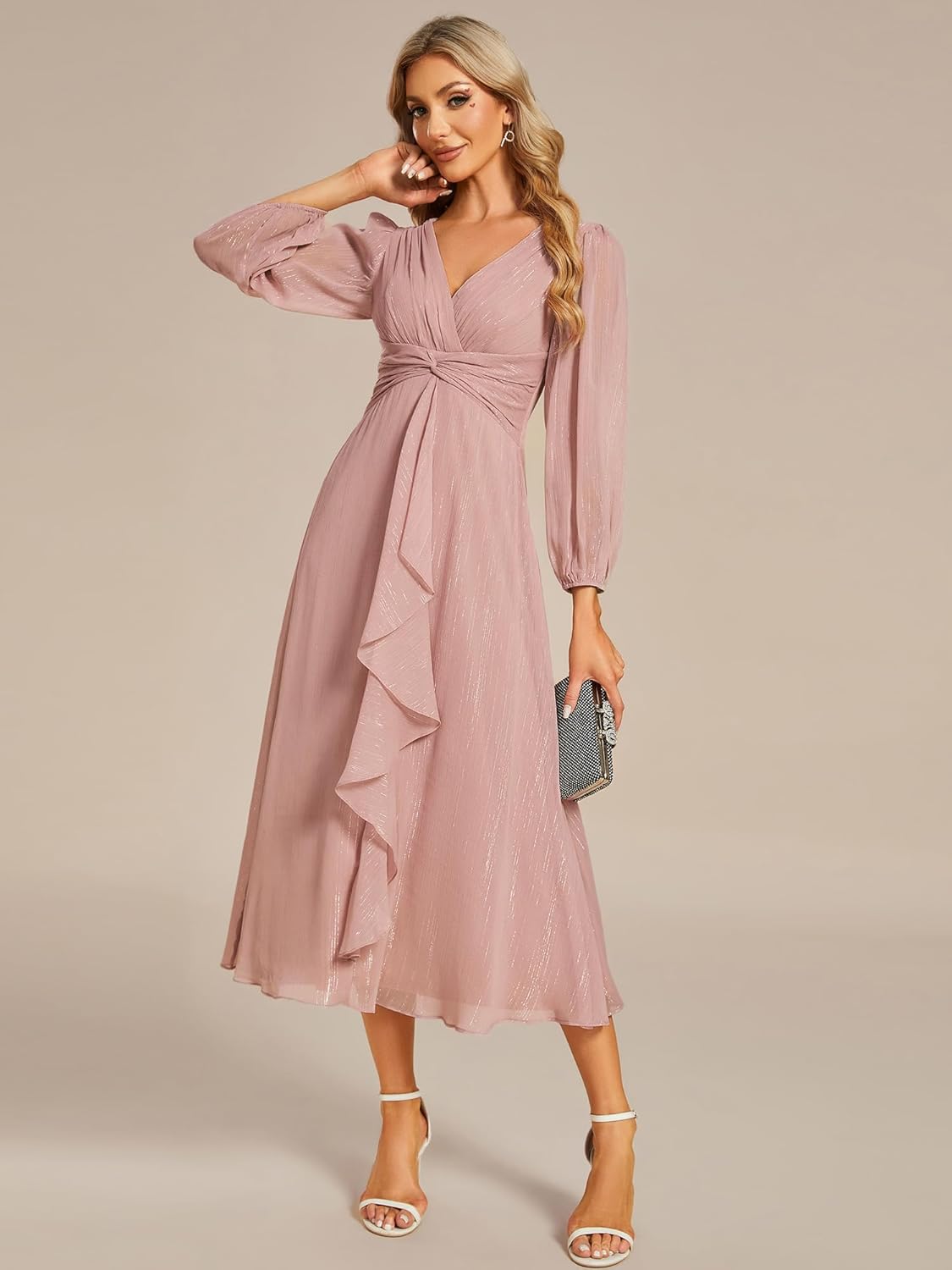 Ever-Pretty Women's Elegant Formal Evening Dress A-Line Ruched V-Neck Long Sleeves Tea-Length Wedding Guest Dresses