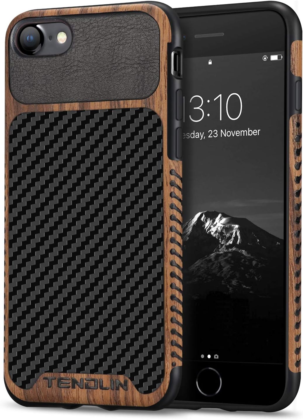 TENDLIN Compatible with iPhone SE 2022/SE 2020/8/7 Case Wood Grain Carbon Fiber Texture Design Leather Hybrid Slim Case Black