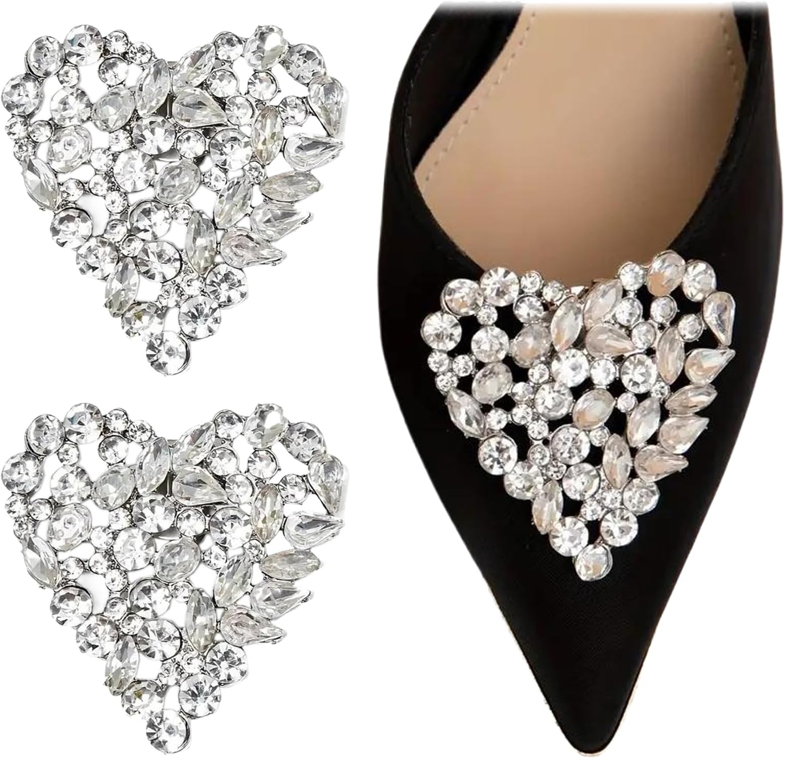 crukakulash2Pcs Shoe Hacks Sliver Heart 2.16 * 2.36inch Rhinestones Shoe Decorative Accessories Metal Back Buckle for Sandals High Heel Flat Shoe Brooch Clip for Women for Wedding Party Daily Life