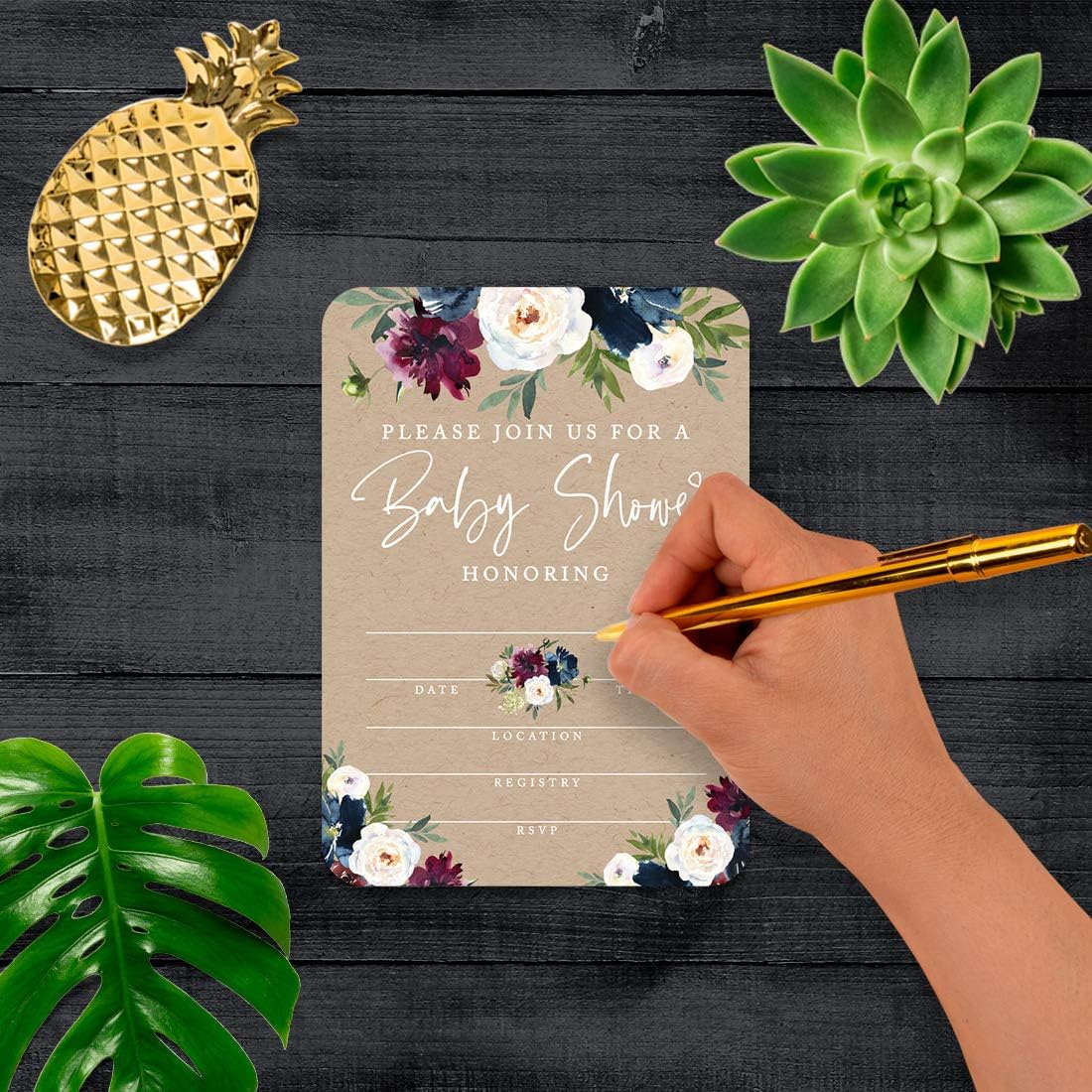Andaz Press Kraft Brown with Burgundy Midnight Blue Florals Fall Baby Shower Party Collection, Blank Invitations with Envelopes, Floral Bouquet Graphic Design, 20-Pack