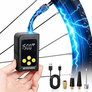 Mini Bike Tire Pump, Max 150 PSI, 25s Fast Inflate Bicycle Pump with Gauge, Electric Tire Inflator, Portable Air Pump with Presta & Schrader Valve for Mountain, City, Road, E-Bike, and Ball