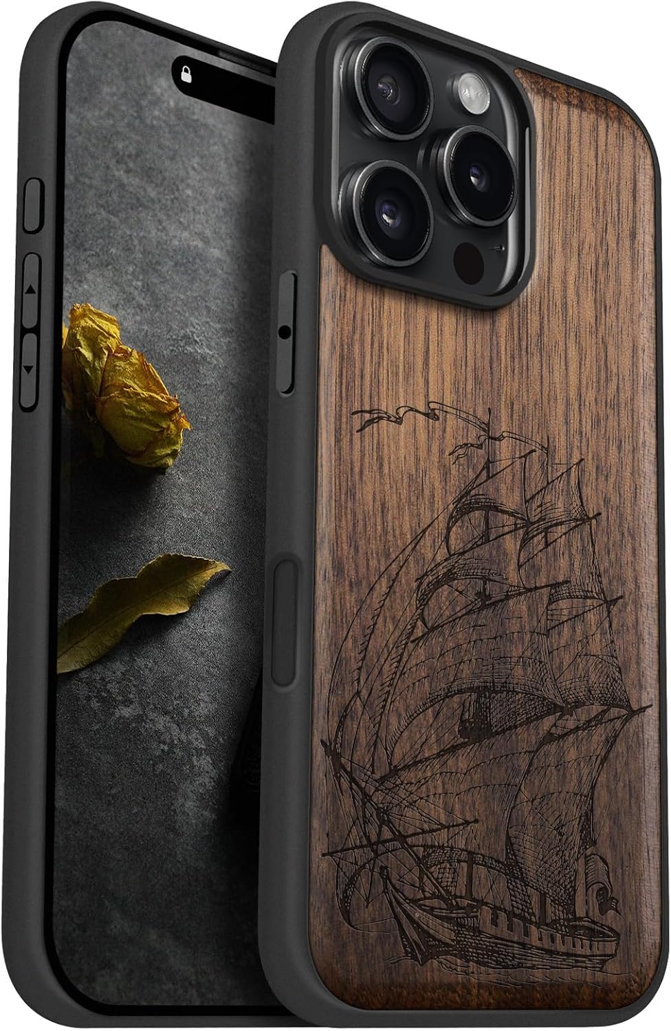 Carveit Magnetic Wooden Case for iPhone 16 Pro Max Case, Wood Artisan Engraved & Black Soft TPU Shockproof Cover, Compatible with MagSafe Wireless Chargers (Pirate Ship) Walnut