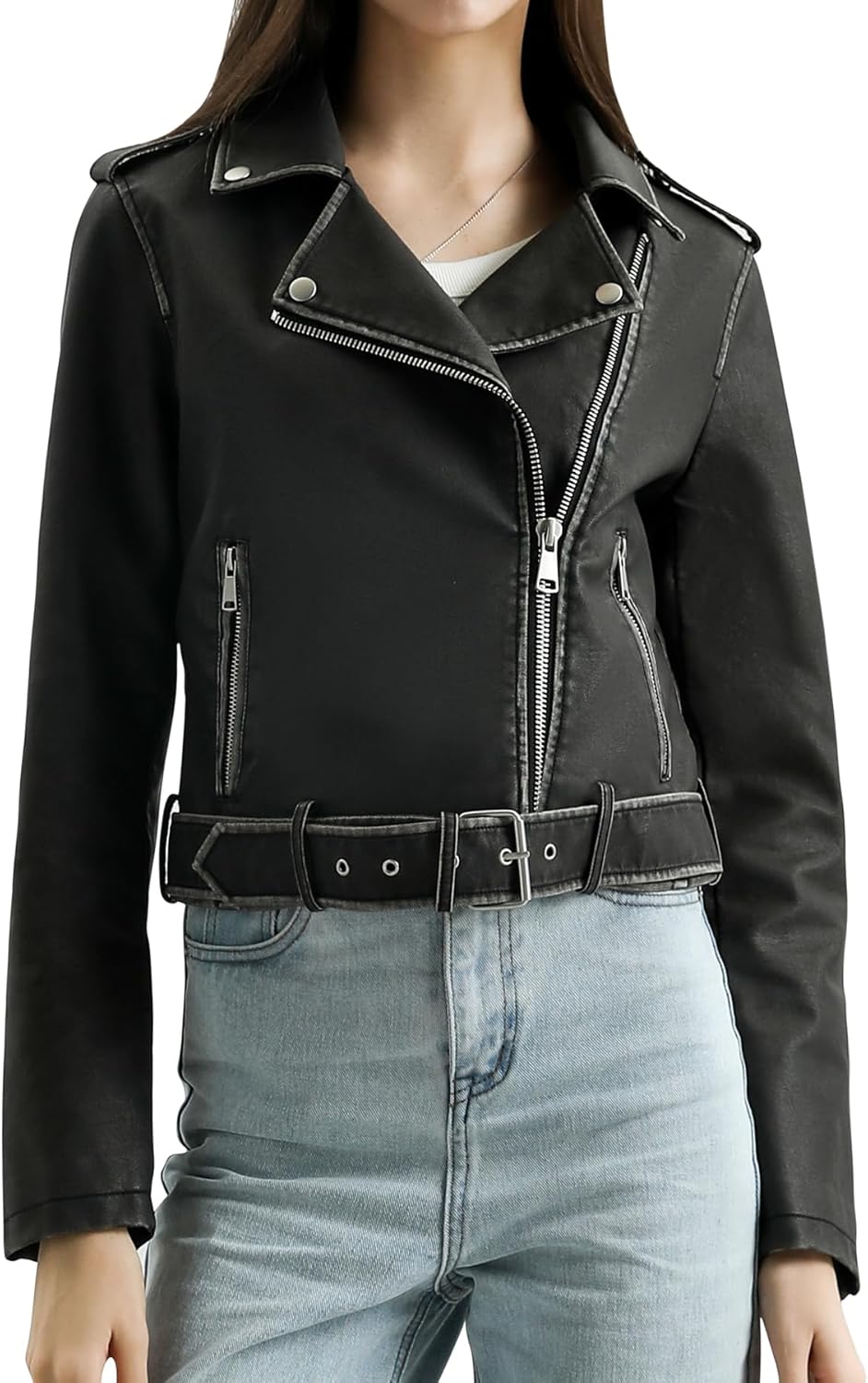 S P Y M Womens Worn Effect Faux Leather Jacket, Faded Moto