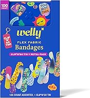 Vista 1 de Welly Bandage Clip N' Go Tin & Refill Pack Adhesive Flexible Fabric Bandages and Tin Assorted Shapes and Patterns for Minor Cuts, Scrapes, and