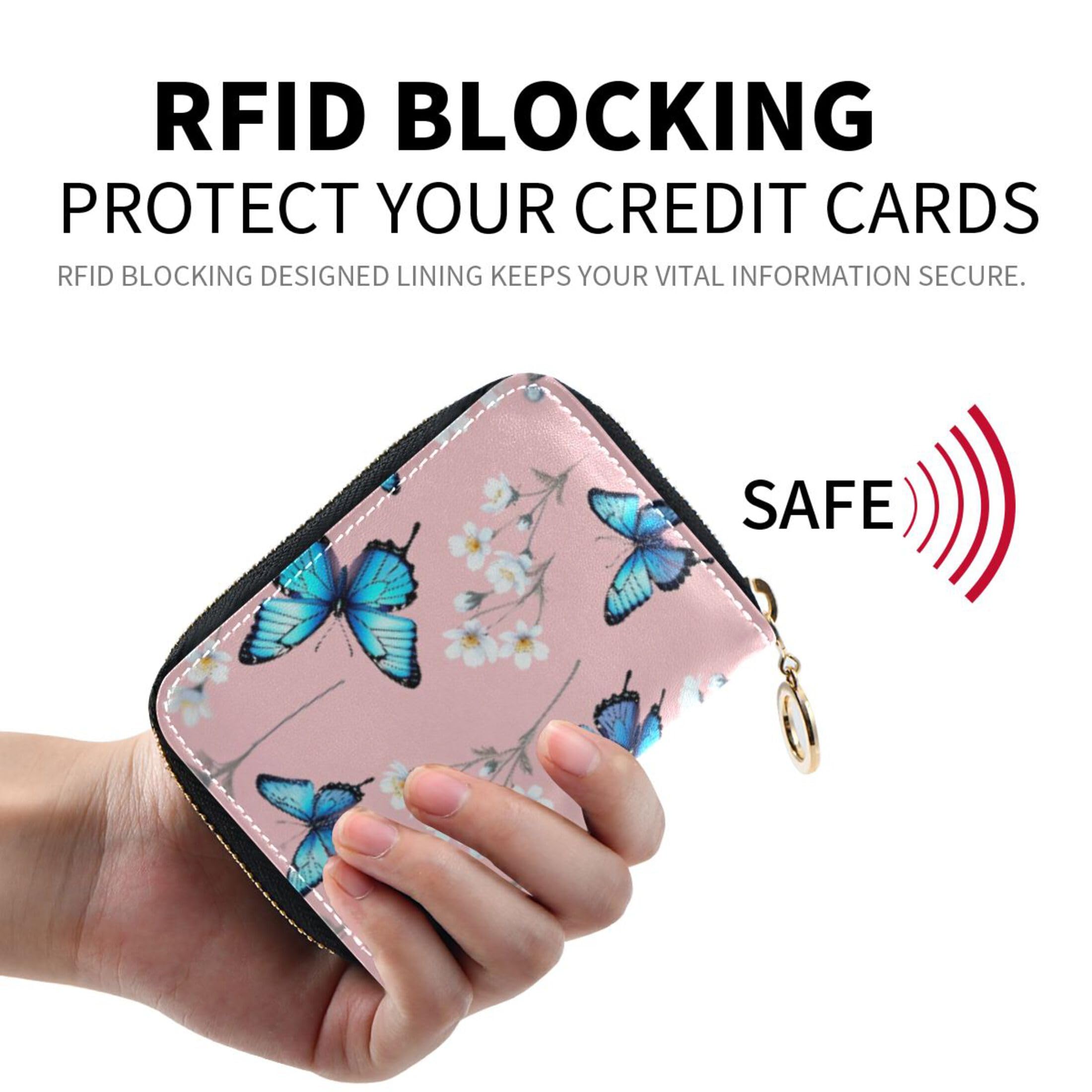 Burbuja White Flowers Blue Butterflies Credit Card Holder for Women Men RFID Blocking, Leather Accordion Zipper Card Case Wallet 11 Slots