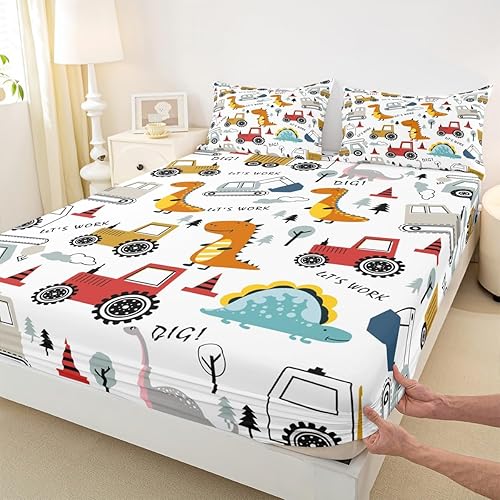 Miniatura 4 de Juego de sábanas bajeras de construcción para niños, adolescentes, equipo de camiones, juego de sábanas de construcción con vehículos de