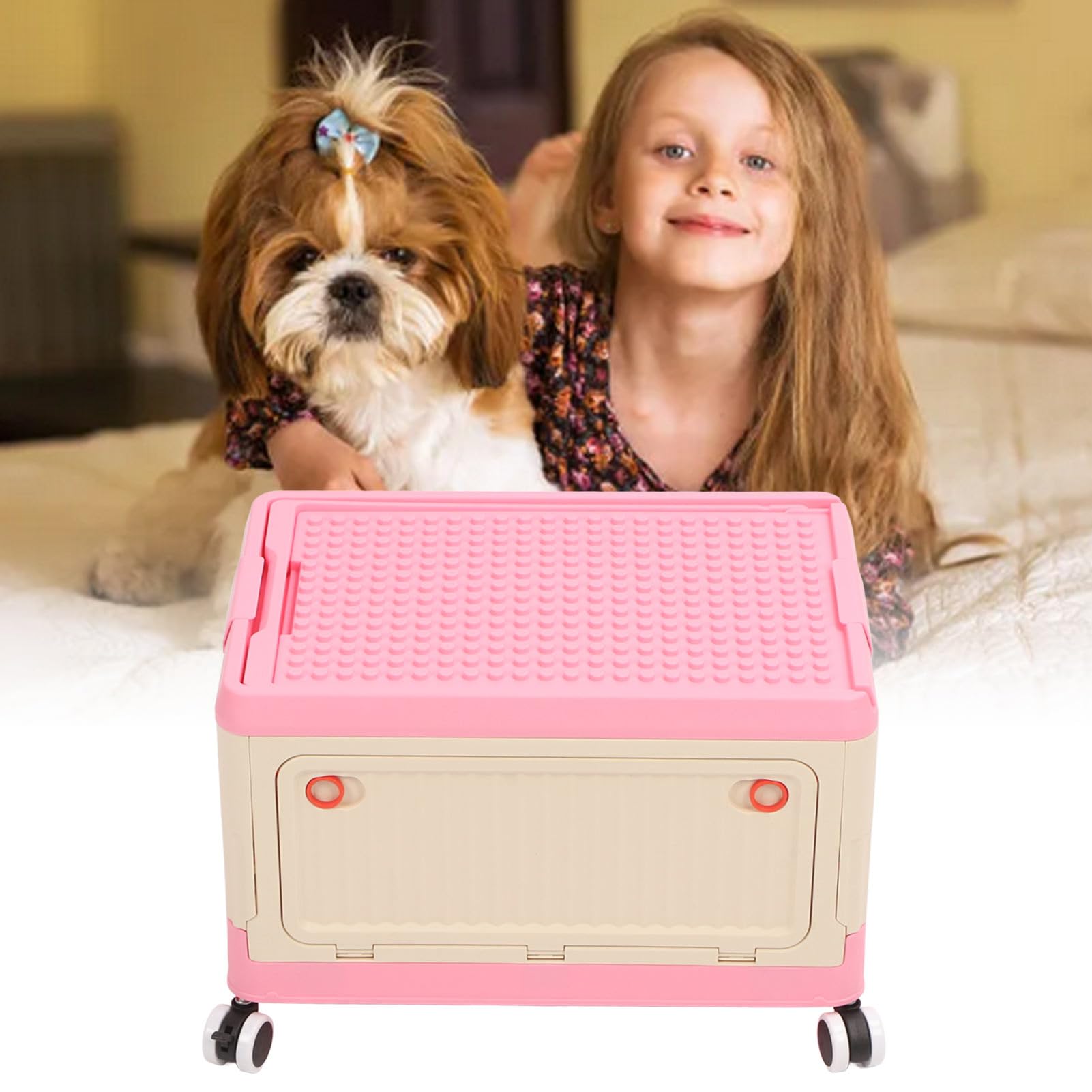 Jiawu Contenedor de Almacenamiento de Juguetes con Ruedas, Organizador de Almacenamiento de Juguetes Plegable, Organizador de Juguetes PP, Ahorro de Espacio para Refrigerios (PINK)