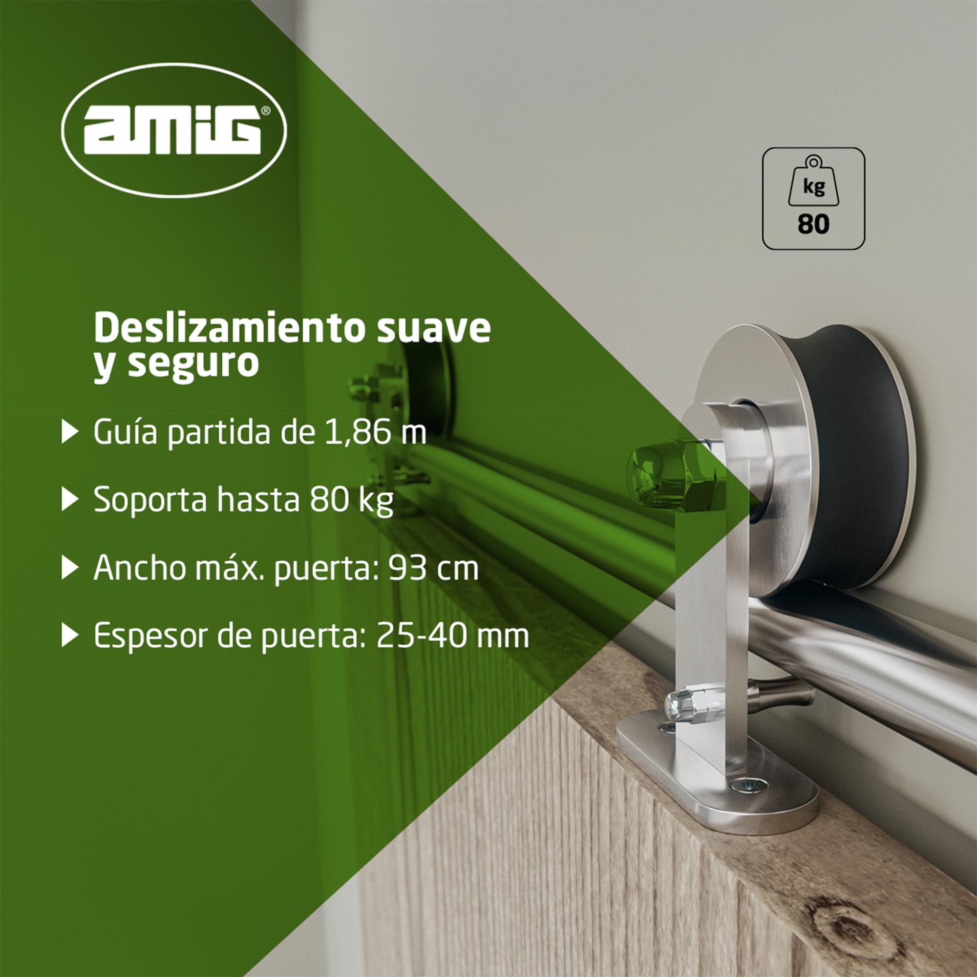 Amig - Kit puerta corredera madera - Guía 186 cm acero inoxidable 18-8 mate - 80 kg máximo - Mod. SD002