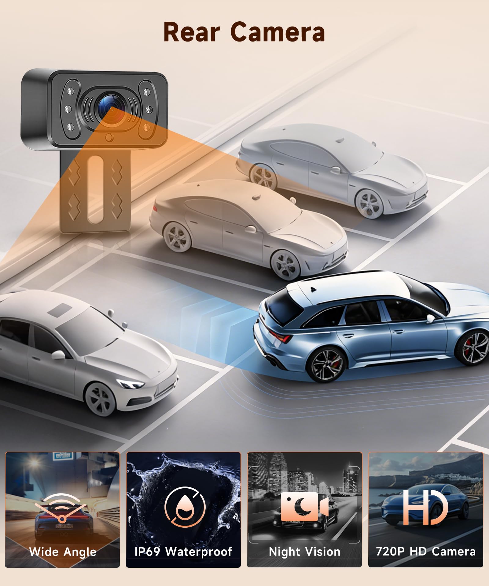 VECHTEL Moniteur Auto 6,86" IPS pour Bébé, Double Caméra 720P, Moniteur avec Caméra pour bébé Rotative 360°/Caméra de Recul IP69 Étanche, Vision Nocturne Grand Angle pour Voiture 12V Camping Car