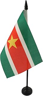 Suriname Table Flag 4'' x 6'' - Surinamese Desk Flag 15 x 10 cm - Black plastic stick and base - AZ FLAG