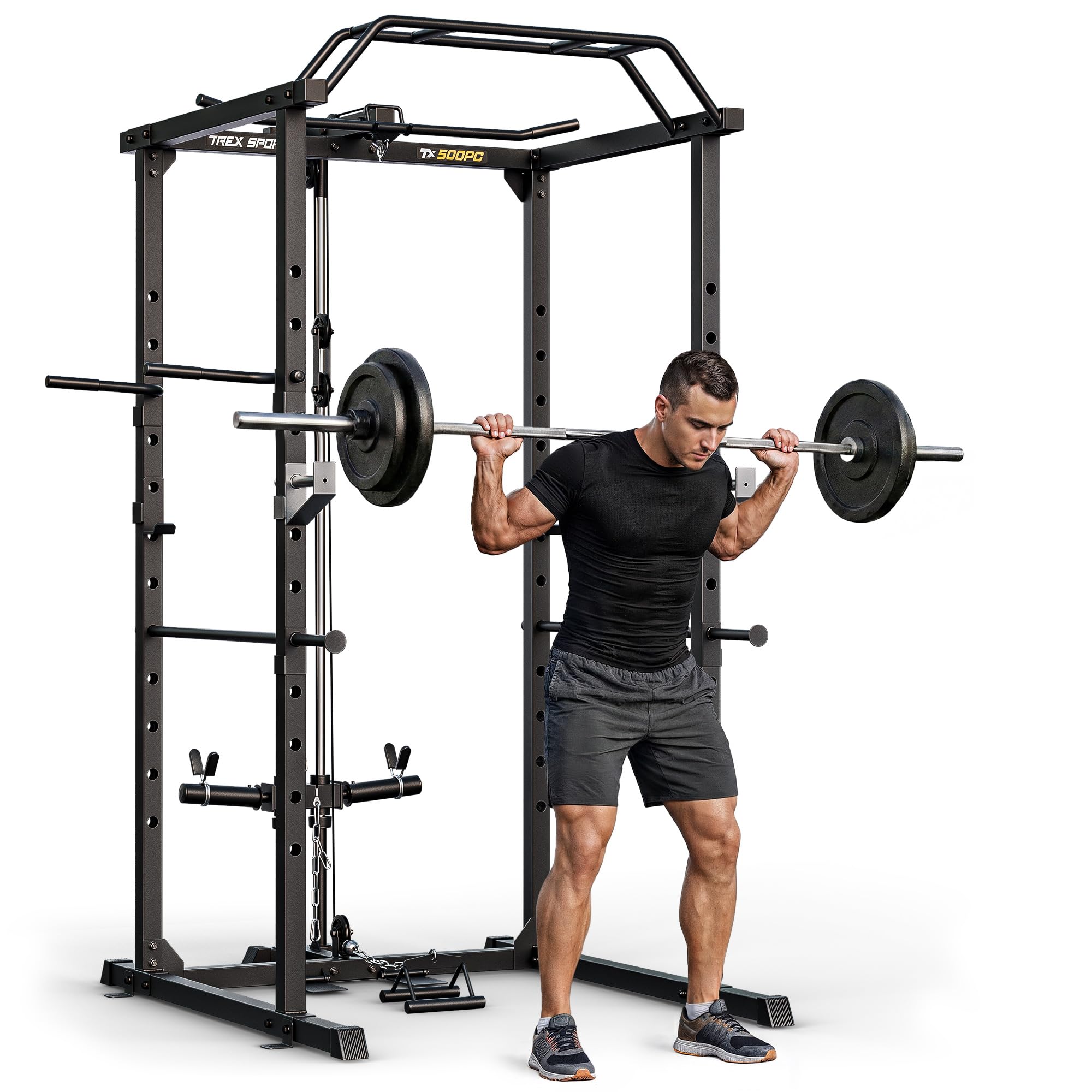 TREX SPORT Power Rack Multipresse mit Latzug Dip-Station bis 120kg TX-500PC | Powerrack mit Latzug oben/unten, Klimmzugstange, Squat Rack & Homegym mit verstellbaren Ablagen, Power Cage