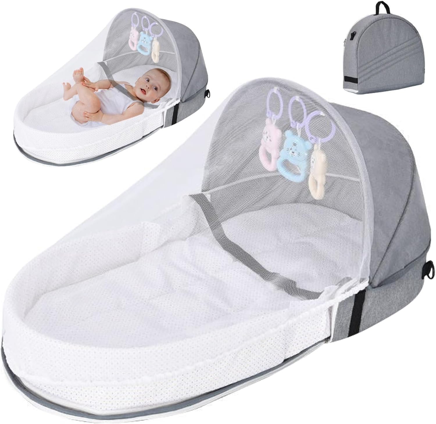 3-in-1 Portable Baby Bassinet & Diaper Bag, Foldable Travel Bed with Mosquito Net & Sun Awning, Breathable Newborn Lounger for Co-Sleeping, Lightweight Grey Infant Crib for Camping & Outdoor Use-image-36