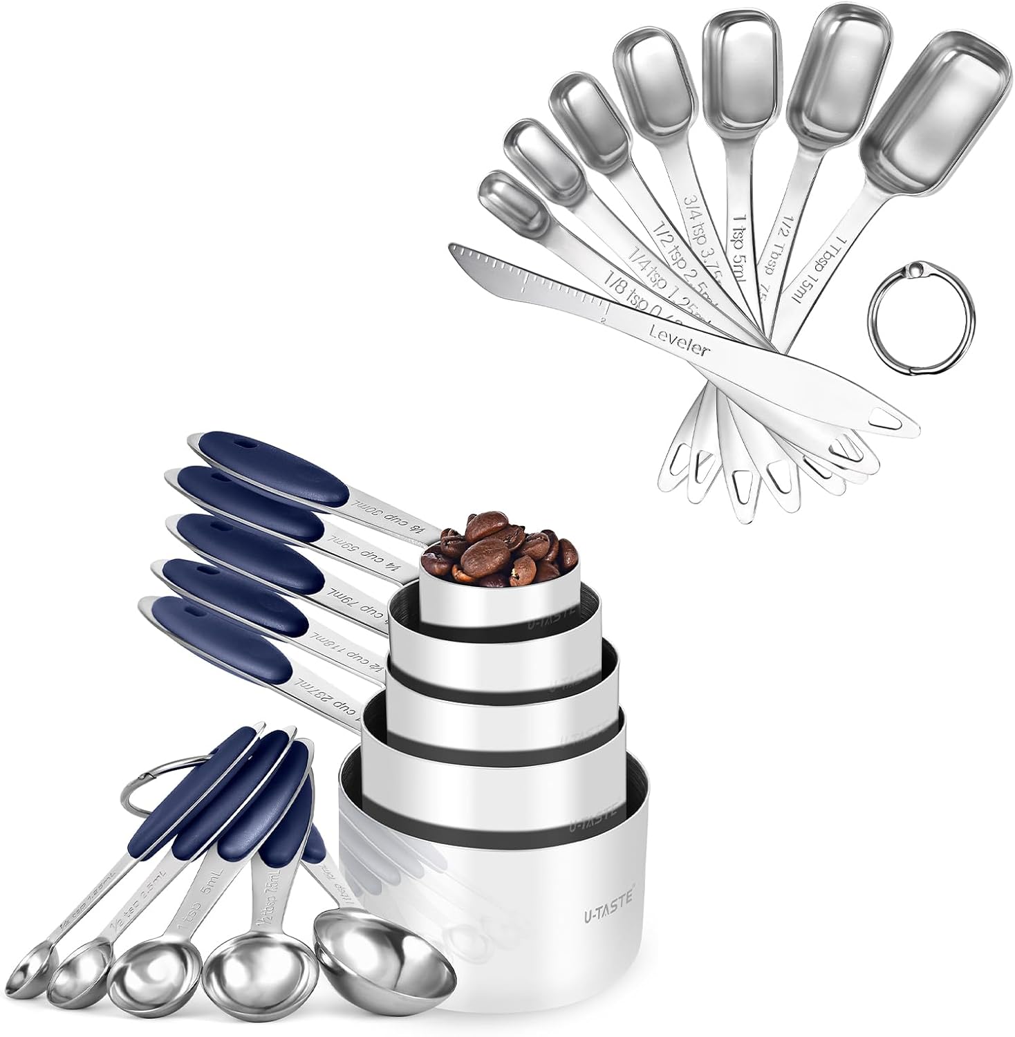 U-Taste 18/8 Stainless Steel Measuring Cups and Spoons Set of 10, and 18/8 Stainless Steel Square Measuring Spoons Set of 8 (Midnight Blue+Silver)