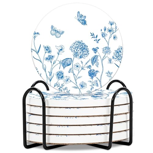 JarThenaAMCS 6 Pcs Blue Floral Coaster with Holder Wildflower Butterfly