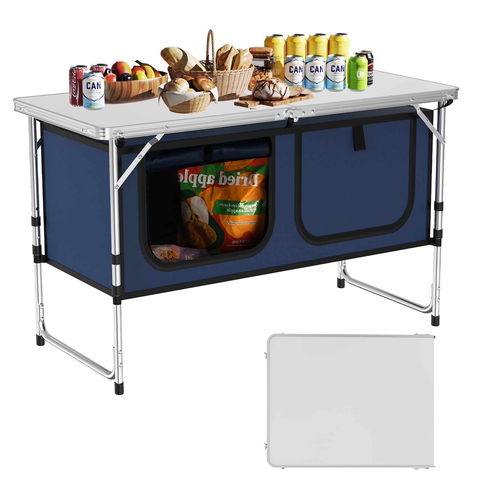 Camping Table, Folding Camping Table with Storage, Lightweight & Portable, 3 Heights Adjustable Folding Table for BBQ, Camping, Picnic and Indoor Use, Dark Blue