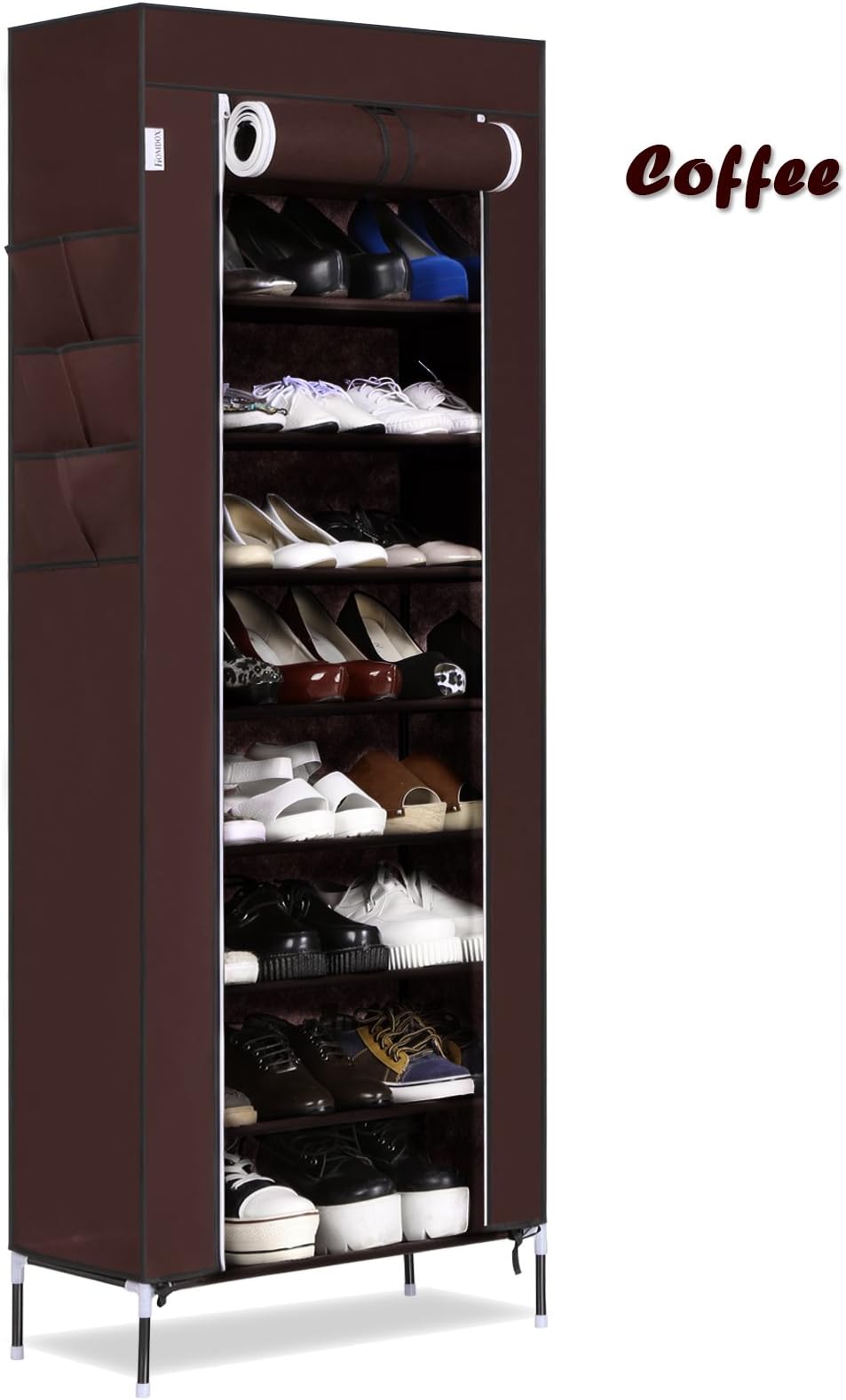 10 Tier up to 30 Pairs Shoe Rack Cabinet Standing Storage Organizer Shoe Tower with Fabric Dustproof Cover Door, 60 x 30 x 168 cm (L x W x H) (Coffee)