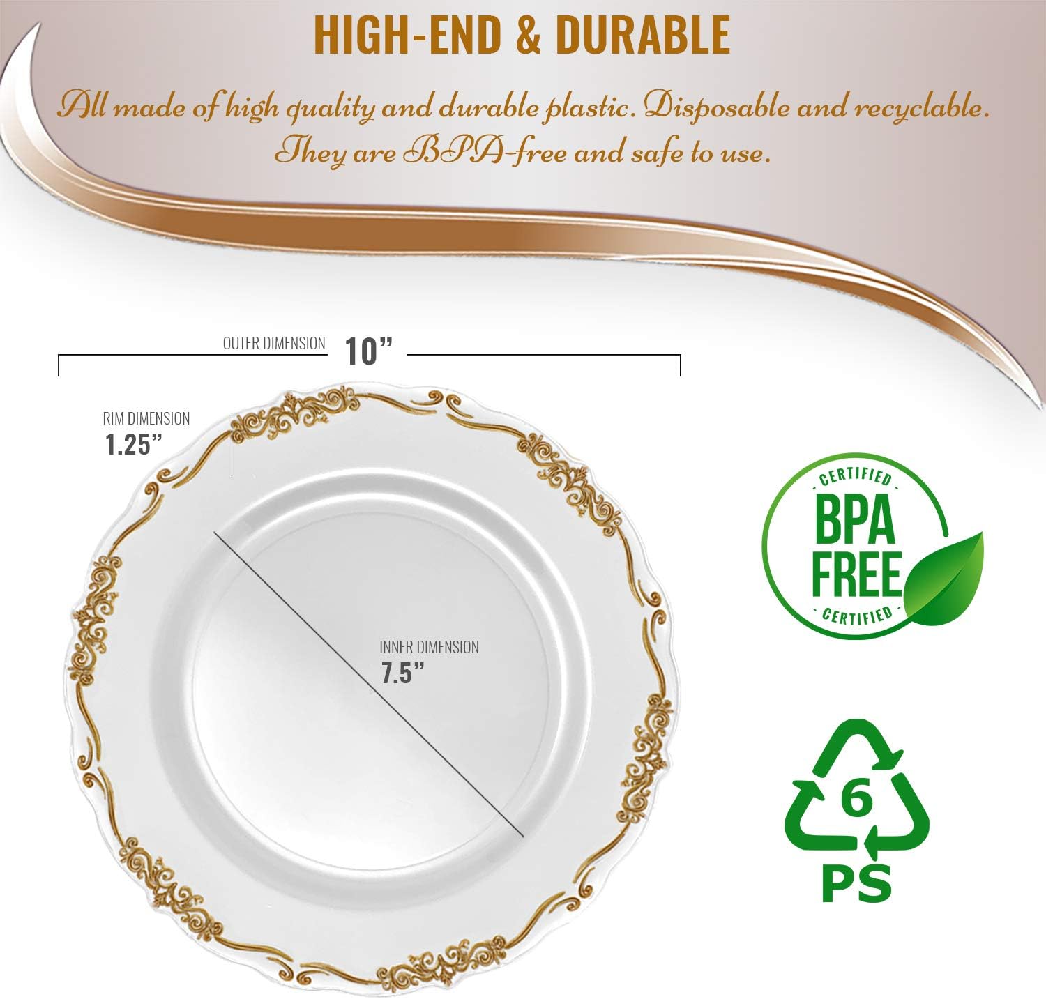 Elegant Plastic Plates, Disposable Dinnerware Sets, Plastic Dinner Plates, Disposable Plates for Party, Disposable Plastic Plates, Party Plates (White with Gold, 120 Plates (10" Dinner Plates))