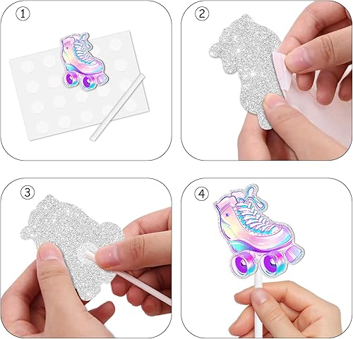 Vista 4 de 18 piezas de patines con purpurina para decoración de cupcakes de postre para niños y niñas, decoración de fiesta de cumpleaños de los años 80 y 90