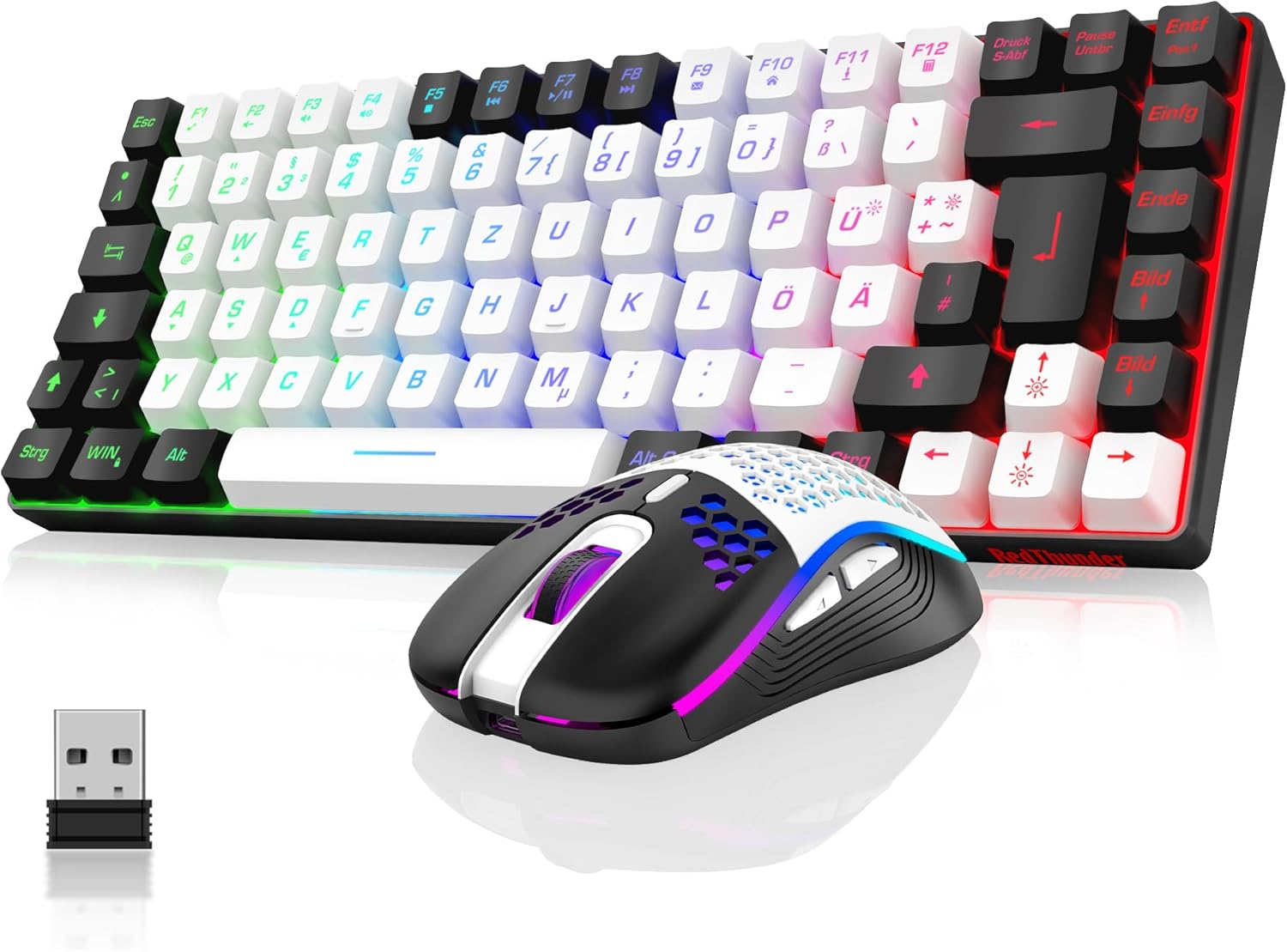 RedThunder K84 Wireless Gaming Keyboard and Mouse Set, QWERTZ DE Layout, Rechargeable Compact, Ultralight – with Honeycomb Construction for PC Mac PS5 Xbox Gamer (White/Black Version 2024)