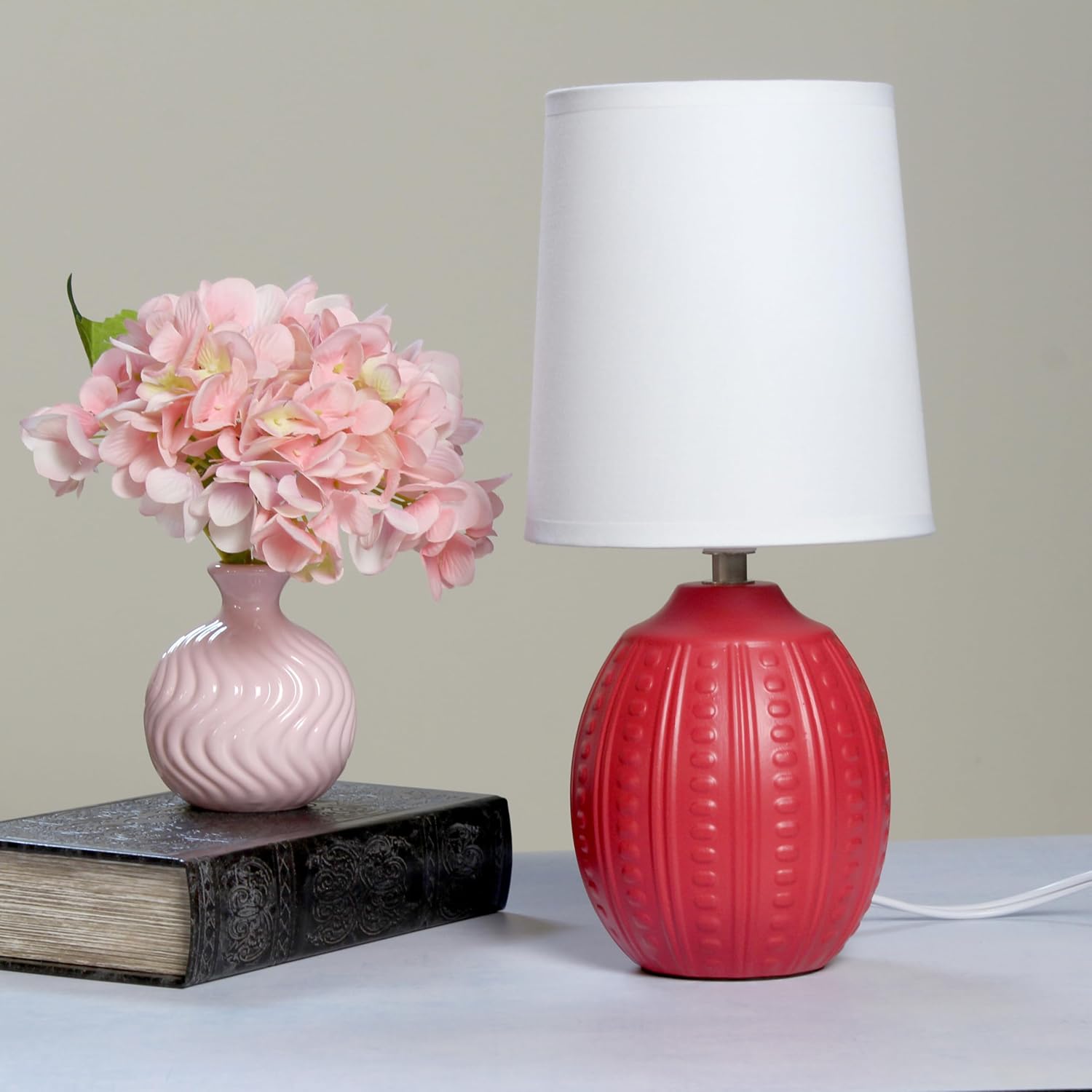 Simple Designs LT1163-RED 12.5" Chic Glow Mini Textured Oval Table Lamp, for Bedroom, Office, Living Room, Stylish Spaces, Dorm, White Fabric Shade,Red