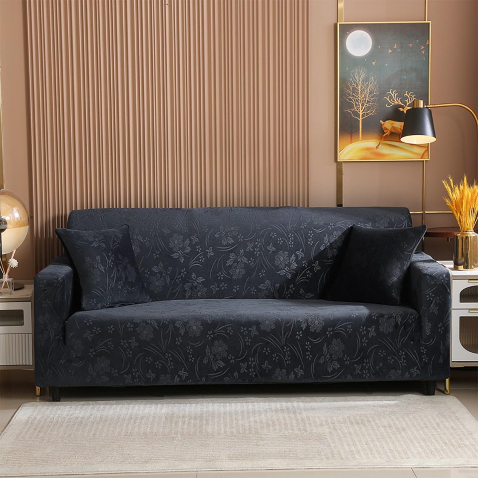 Elastic Couch Cover Crystal velvet Jacquard sofa cover Combination sofa cover Sofa protectors cover 1/2/3/4 Seater (Color : Black, Size : 2 Seater(145-185cm))