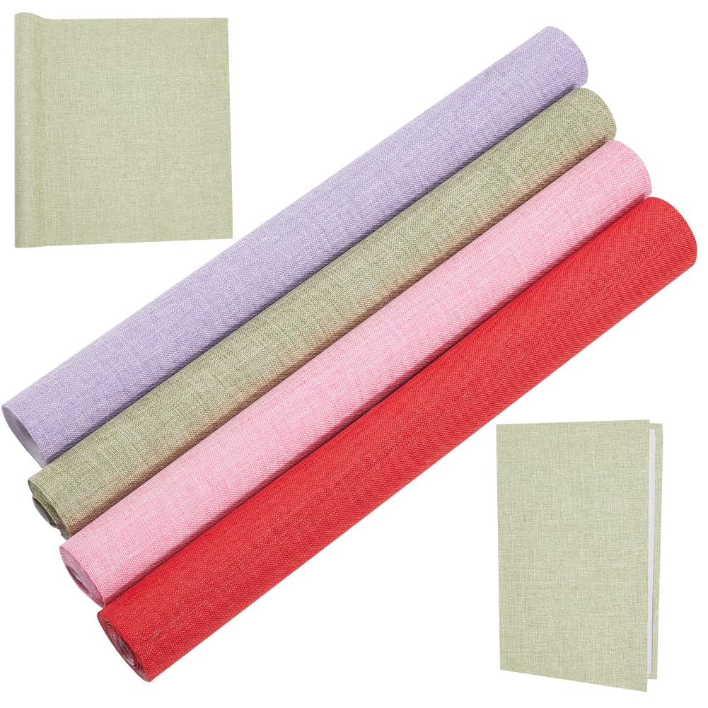 CRASPIRE 4 Tela de 51 x 11.8 Pulgadas para Encuadernación de Libros A4-A8 Superficie de Tela de Lino con Respaldo de Papel Rojo Rosa Verde Y Morado para Álbumes de Recortes Suministros Protectores