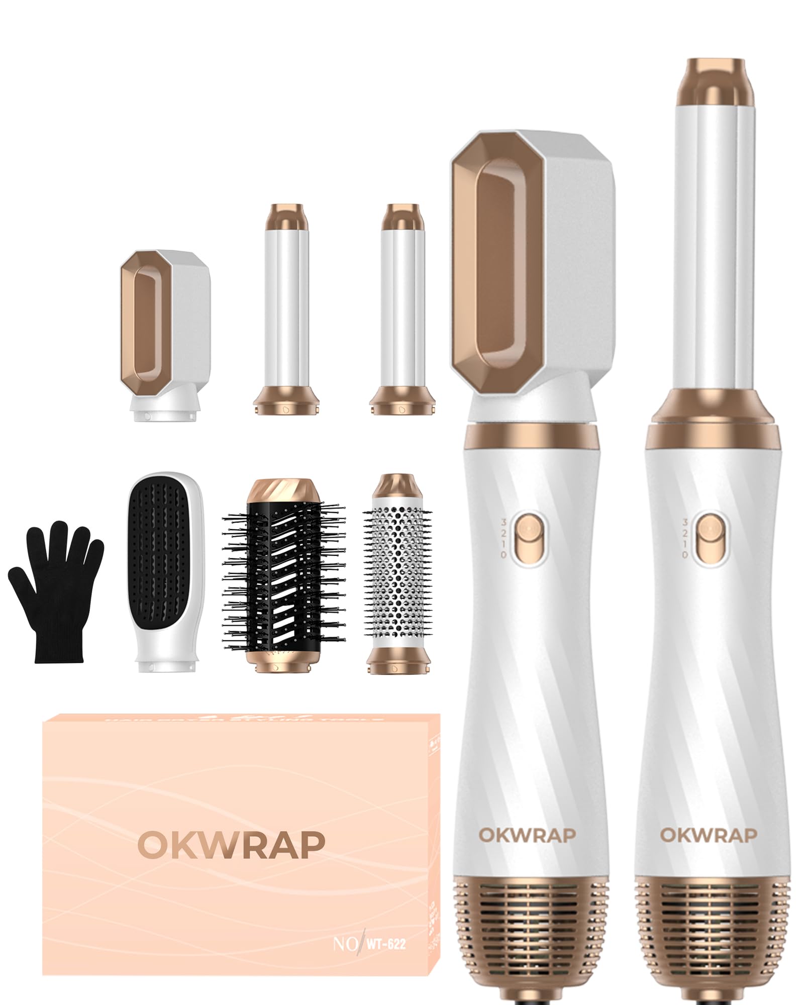 Secador 6 en 1 OKWRAP Cepillo de Aire Air Styler Set 6 Cabezales Intercambiables 3 Temperaturas Cepillo Moldeador De Pelo, Cepillo Secador Pelo With Riza, Da Volumen, Alisa y Seca