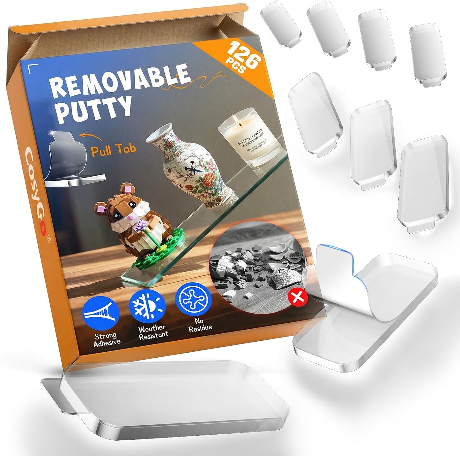 CosyGo Clear Removable Mounting Putty with Pull Tab, Heat/Waterproof Double Sided Adhesive Dots, Museum Stick Tack & Earthquake Putty for Displays, Posters, Wall Decor & Crafts, 0.39" x 0.78"(126 Pcs)
